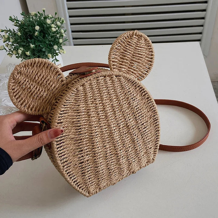 Disney 2023New Ladies Designer Straw Fancy Bag Cute Handbag Rattan Travel Leisure Vacation Small Round Beach Mickey Shoulder Bag