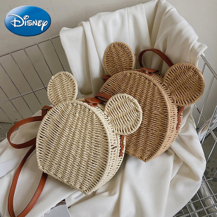 Disney 2023New Ladies Designer Straw Fancy Bag Cute Handbag Rattan Travel Leisure Vacation Small Round Beach Mickey Shoulder Bag